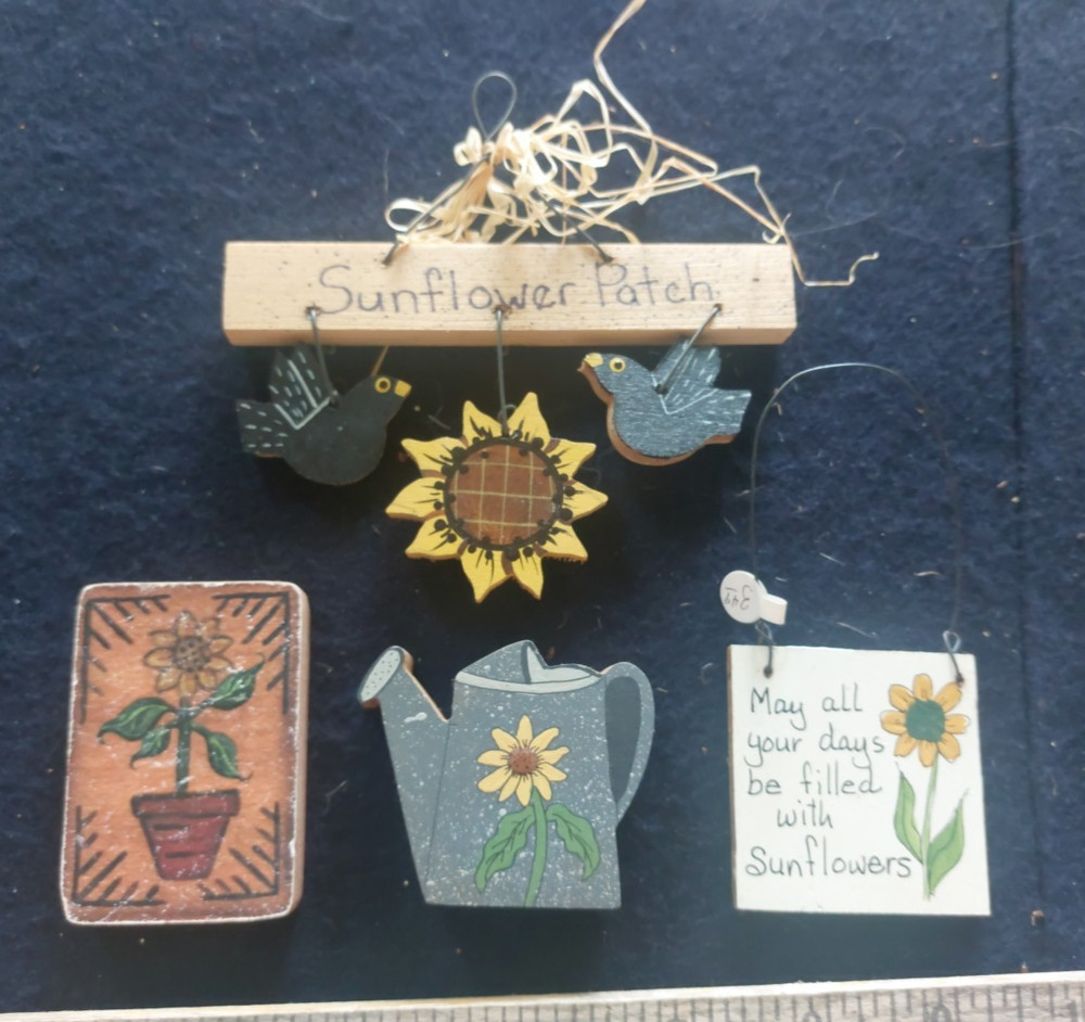 Hand Painted Wooden Primitive Country Folk Art sunflowers watering can garden