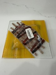 VIBRANT! Yellow Brown Square Fused Art Glass Plate 6 x 6” Jewel Tones Textured ✨