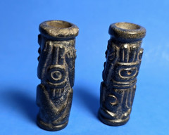 PAIR OF PRE-COLUMBIAN MAYAN SERPENTINE TUBULAR NECKLACE BEADS WITH GLYPHS