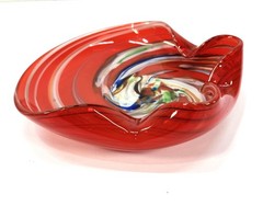 Vintage Lutetian Red Swirl Hand Blown Art Glass 6.5″ Bowl Candy Dish Ashtray
