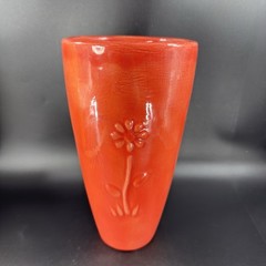 Antique Tall Pottery Vase Embossed Flower USA Hand Made Vase Vessel Orange Red
