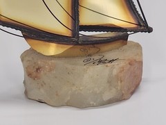 Metal Brass Sailboat Sculpture on Quartz Base Signed DeMott 9.5 in Nautical