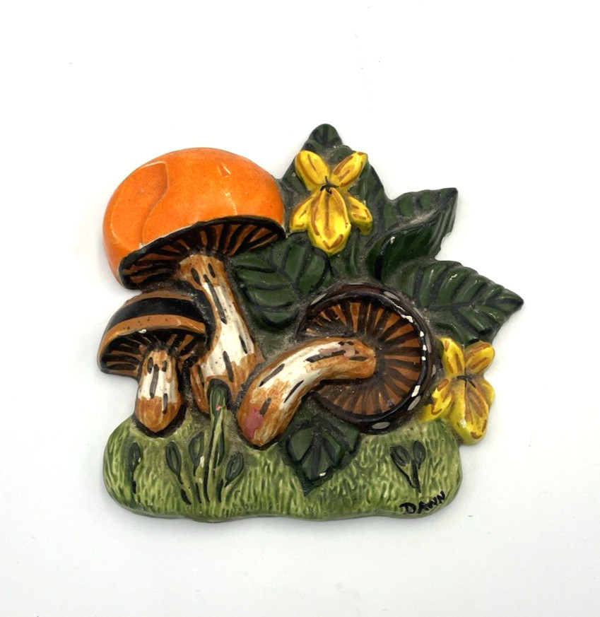 Vintage 70’s Mushrooms Orange Yellow Green Brown Chalkware Wall Art Retro