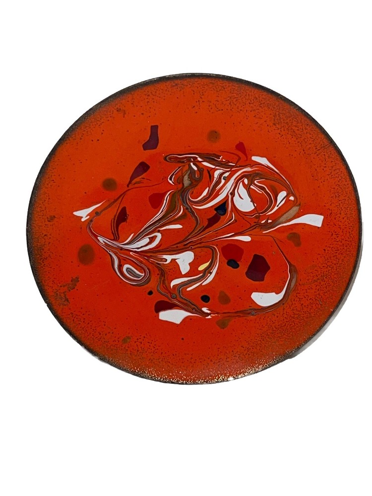 Vintage MCM Art Orange Enamel On Metal Copper Trinket Dish