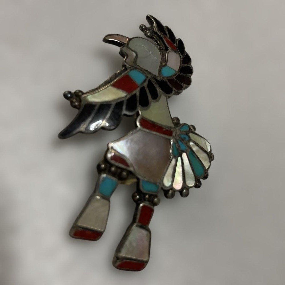 Native American Zuni Turquoise Coral Jet Mother of Pearl Brooch Pendant 7cm Used