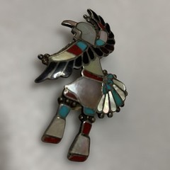 Native American Zuni Turquoise Coral Jet Mother of Pearl Brooch Pendant 7cm Used