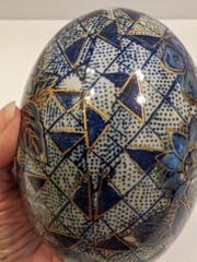 VTG Hand Painted Cloisonne Egg Blue Gold White Floral Geometric Design