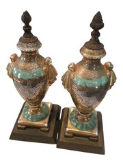 Victoria Czechoslovakia 24K Gold Urn Lidded Vases or Lamps Pair Green Blue