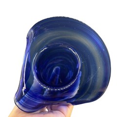 1980s Art Glass Hat Shaped Dish Bowl Clear Cobalt Blue Swirls Folded Edges VTG