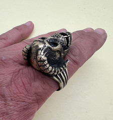 Large Rocker Bronze Ring with Skull and Horns Antique Ancient Rare