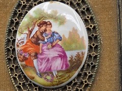 Vintage Pair Ornate Cast Metal Frames Limoges Style Porcelain Romantic Plaques