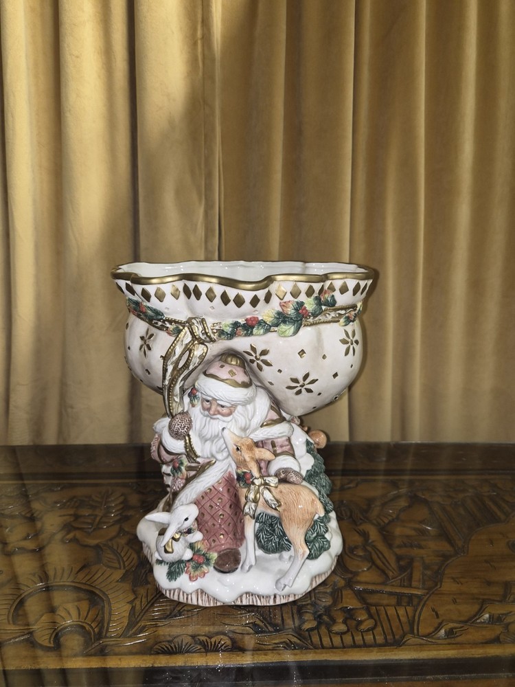Rare Fitz And Floyd “Snowy Woods Footed Compote” Santa & Animals Centerpiece