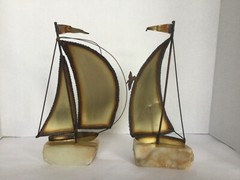 MCM Vtg Demott Brass Metal on Stone Base Sailboat Sculptures Set of 2 Signed