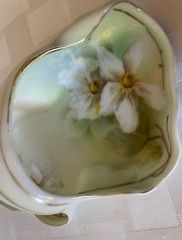 Antique EDWARDIAN R.S. Germany Handled Pastel Green Bon Bon Dish WHITE CLEMATIS