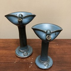 Vintage Pair 7”- 8”Middle Eastern Islamic Oil Lamp Glazed Stone Unknown Age