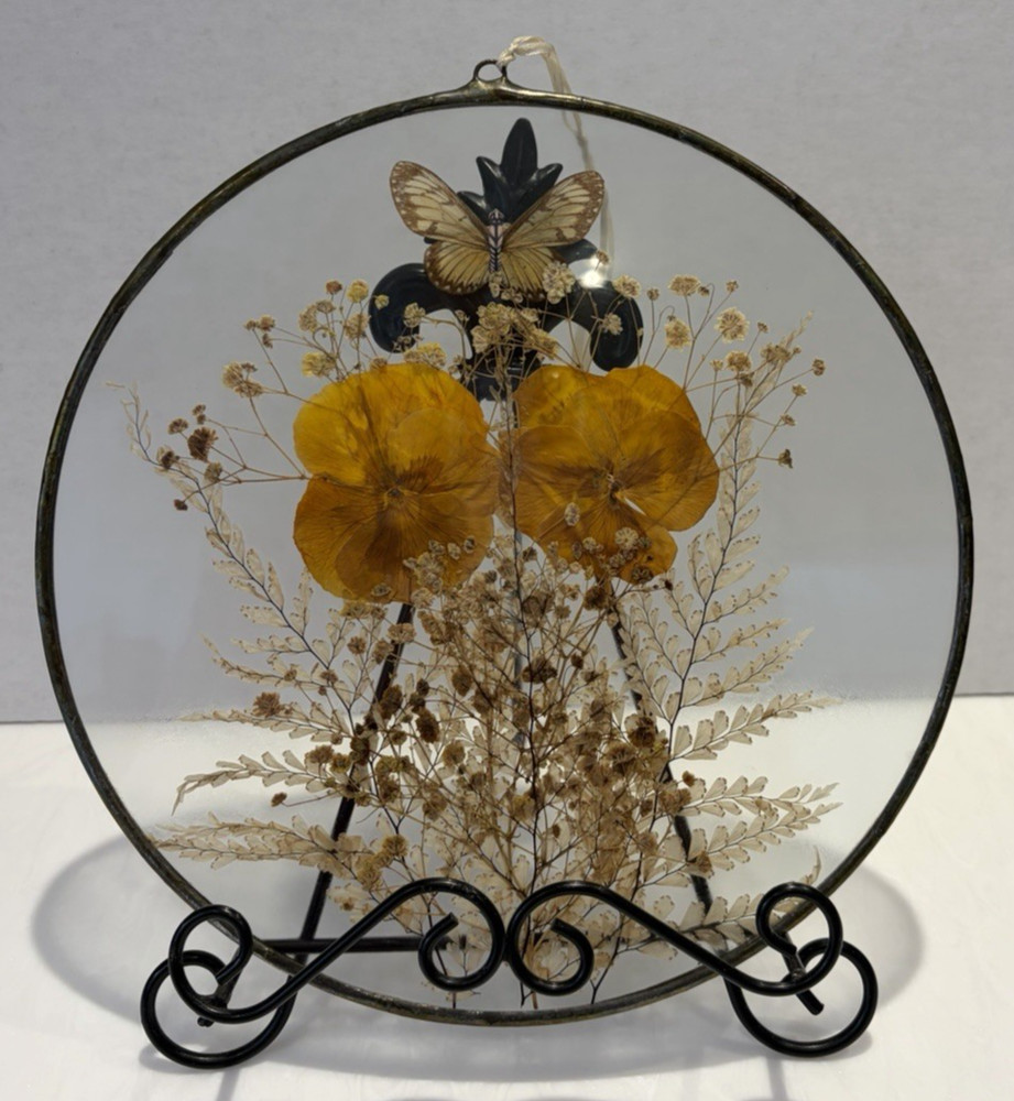 Silver Framed Round Dried Flowers & Butterfly Glass Hanging Window/Wall Decor