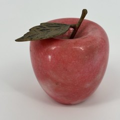 Vintage Alabaster Marble Fruit Red Apple with Brass Stem & Leaf