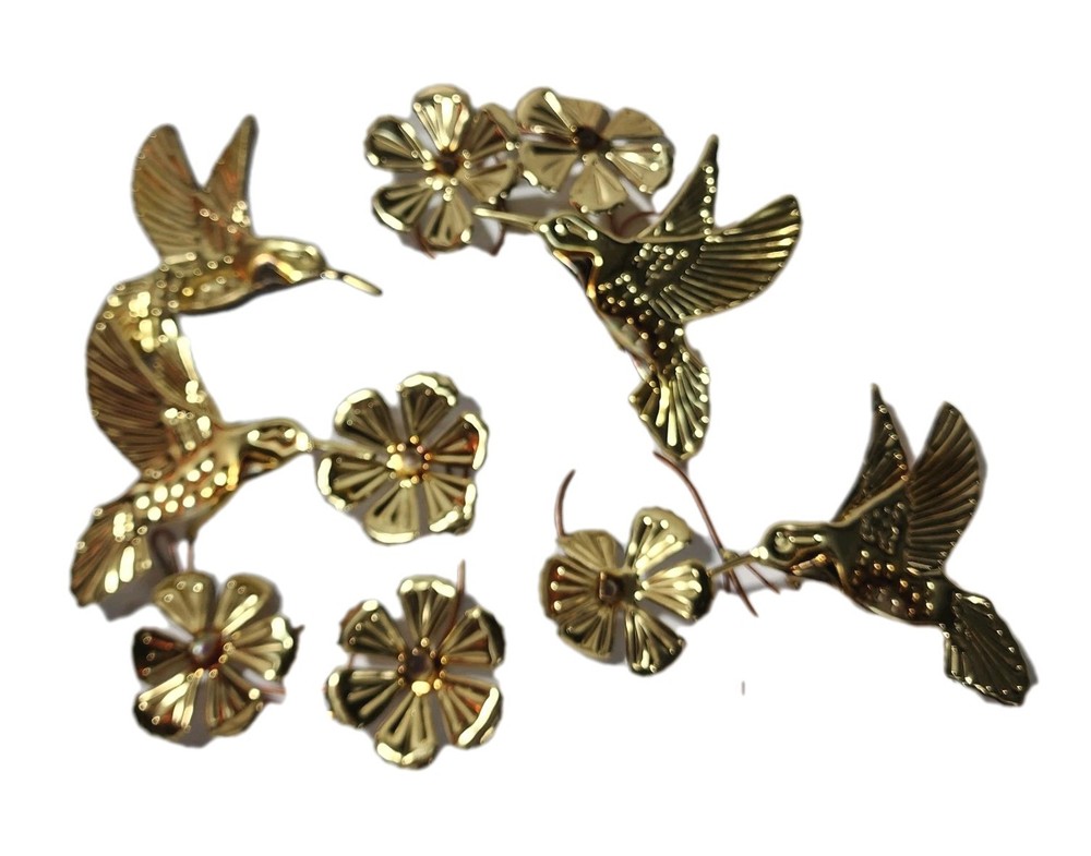 4 Pc Vintage Gold Hummingbird Wall Art Decor Brass Metal Flowers Hummingbirds