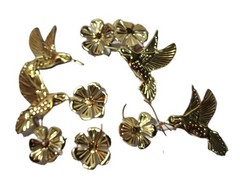 4 Pc Vintage Gold Hummingbird Wall Art Decor Brass Metal Flowers Hummingbirds