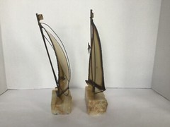 MCM Vtg Demott Brass Metal on Stone Base Sailboat Sculptures Set of 2 Signed