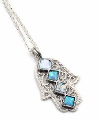 Roman Glass Hamsah Hand Sterling Silver925 Pendent Antiq Ancient Fragment 200 BC