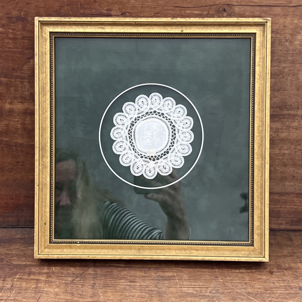 Antique Delicate Handmade White Lace “S” In A Gold Frame Ready to Hang, 10×10”