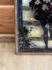 Vintage Reverse Painted Glass Silhouette Art 5.75” Copper Frame Colonial Scene