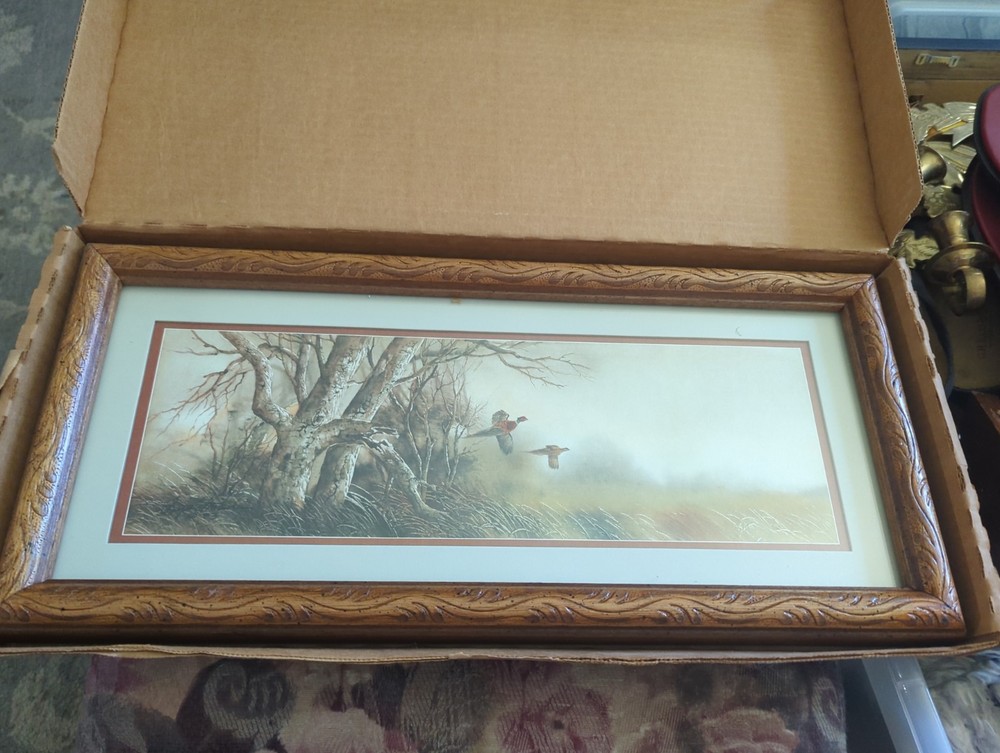Vintage Homco Home Interiors Framed W/Matte Pheasants In Flight 8.5 x 18.5