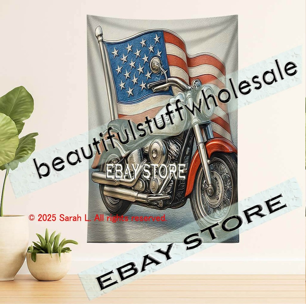 Motorcycle tapestry vintage road americana art 39X59 in