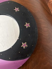 1990s Celestial Crescent Moon & Stars 12” Round Handpainted Wooden Mirror purple