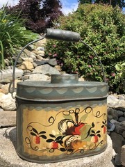 Vintage Jean Dewey Signed Primitive Painted Toleware Bail Handle Tin Lunchbox