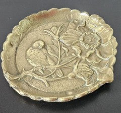Vintage Art Nouveau Brass Scalloped Round Trinket Dish Impressed Bird Floral…