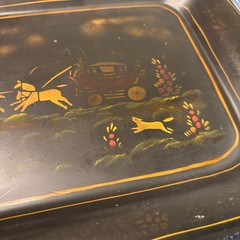 Antique Toleware Tray Hand-painted Metal, Horses & Carriage, Floral, Decor