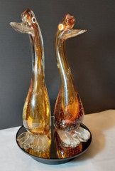 Unique Pair of Murano Hand Blown Swans/Ducks in Amber Tones and Bubbled Design