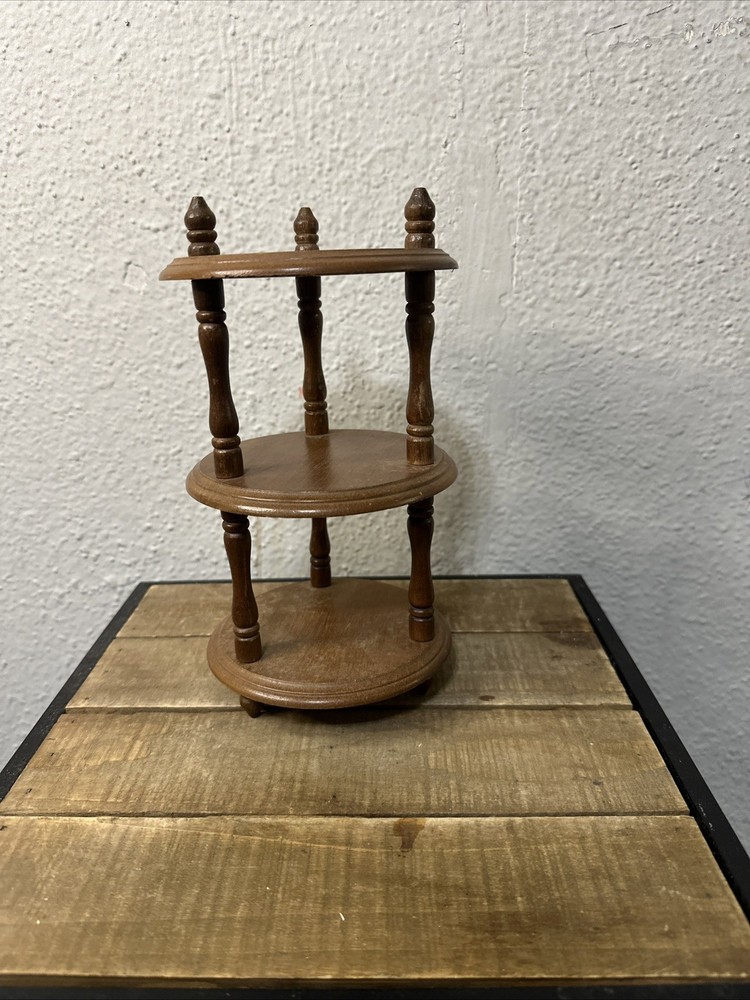 VTG 3 Tier Mini Wood Shelf Round Spindle Pedestal Table Display Rack Stand 9″