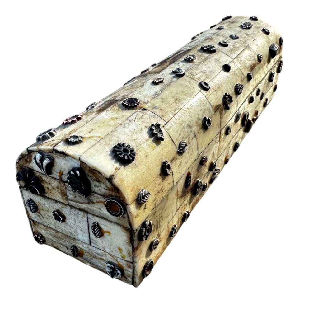 Rare Bone Tile Vintage Metal Embellishments 9 x 3 Artisan Trinket Box India