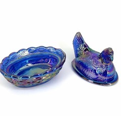 Mini AND Medium Carnival Cobalt Blue Mosser Hen on Nest Salt Cellar / Trinket