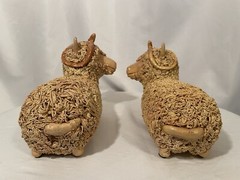 Vintage Spaghetti Pottery Lamb Ram Sculpture Figurine Poland Signed SET of 2