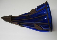 Rare Beautiful Cornucopia Cobalt Blue Glass with Metal Copper/Brass Stand 11″x6″