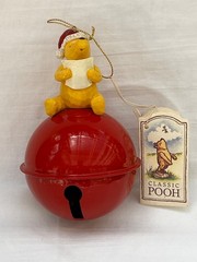Vintage Disney Classic Santa Pooh Sitting on Large Jingle Bell Ornament 5.5″ EUC