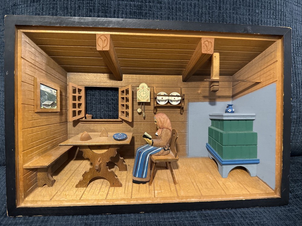 Vintage Wooden Diorama Shadow Box Kitchen Made In Switzerland