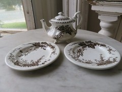 2 Vintage WHITE BROWN Transferware PLATES & TEAPOT Birds & Branches CRAZING