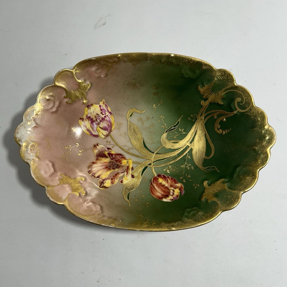 GDA Antique France Porcelain Limoges Hand Painted Tulips Green Gold Art Nouveau