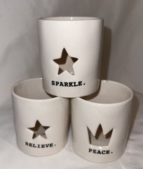 Rae Dunn Set Of 3 Ceramic Believe Sparkle Peace Votive Candle Holders Magenta