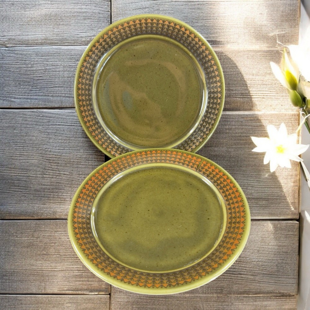 Vintage Porsgrund Dish Plate Set 2 Dishes Plates Made In Norway Green Ceramic