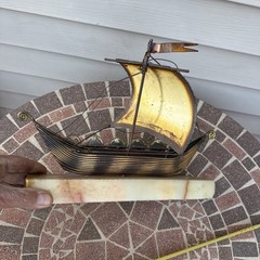 John DeMott Brass Sailboat On Onyx Viking Ship Sculpture Vintage Rare Type 13”