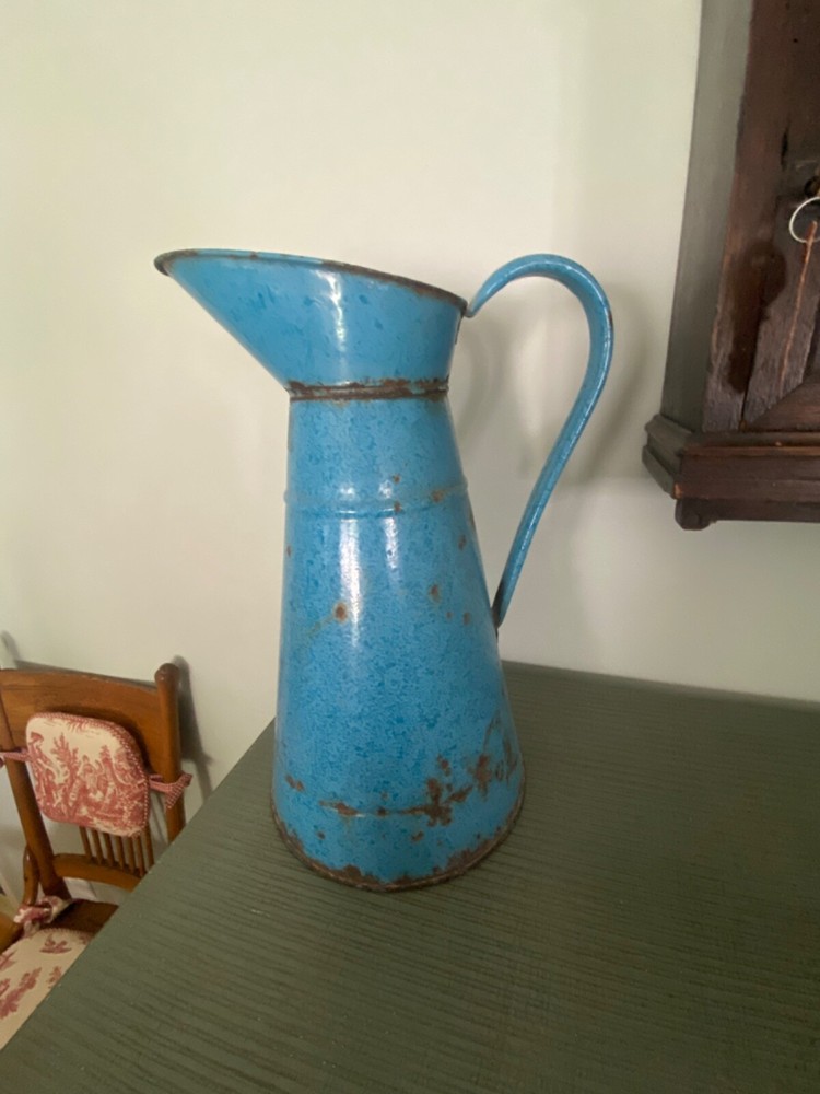 Vintage French Enamelware Body Bath Pitcher Mottled Blue on Blue c. 1900-1940s