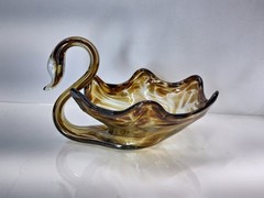 Vintage Hand Blown Glass Swan – Large Shaped Dish 11″- Unbranded