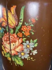 VTG Hand Painted CANCO Toleware Metal Trashcan / Can Floral Roses Brown 13”