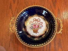Rare Limoges Castel Bowl Tray with Handles, Trimmed in 22k Gold, Made in France